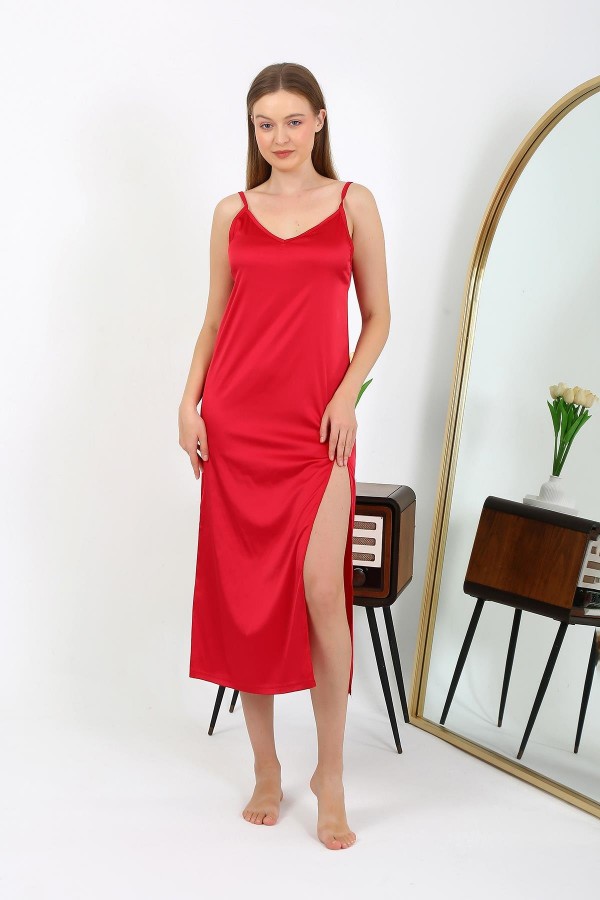 Moda Çizgi Yırtmaçlı Uzun Saten Gecelik Kırmızı 7410