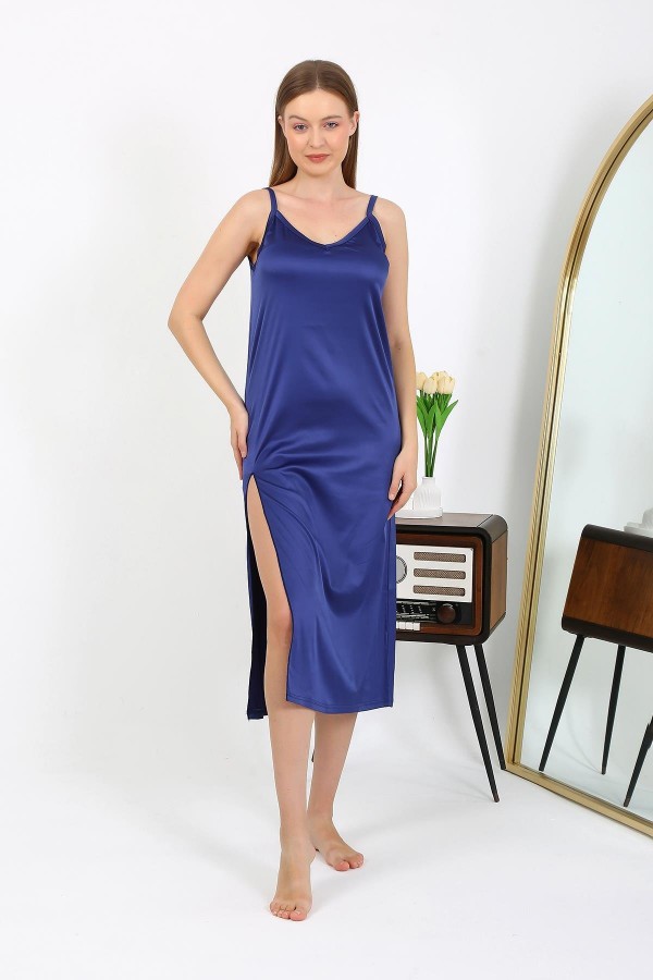 Moda Çizgi Yırtmaçlı Uzun Saten Gecelik Lacivert 7410