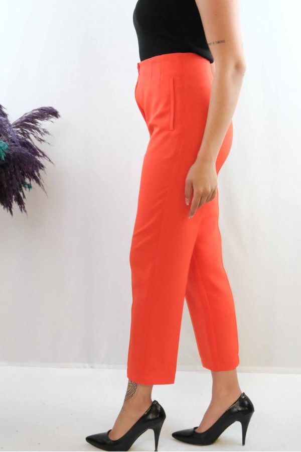 Moda Çizgi Yüksek Bel Pantolon Nar Çiçeği