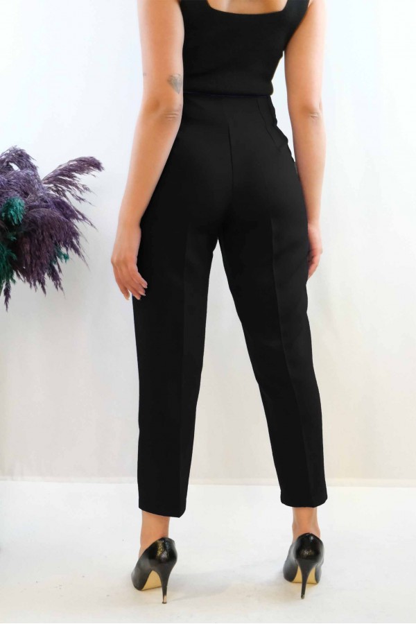 Moda Çizgi Yüksek Bel Pantolon Siyah