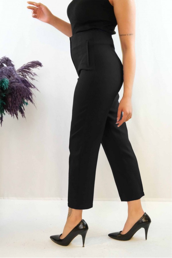 Moda Çizgi Yüksek Bel Pantolon Siyah