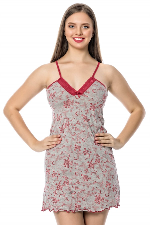 Moda Çizgi Bayan Gri Bordo Gecelik Sabahlık Takım 1104