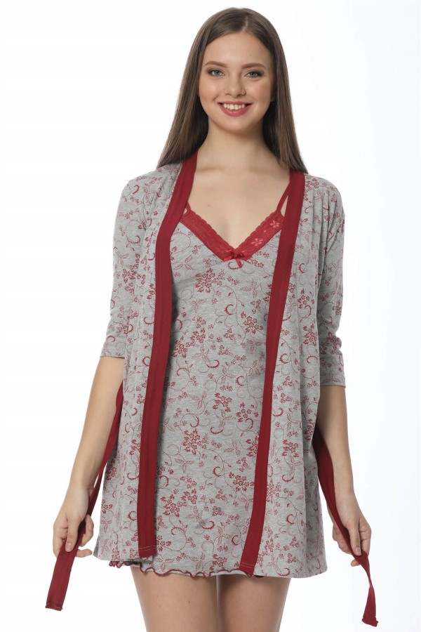 Moda Çizgi Bayan Gri Bordo Gecelik Sabahlık Takım 1104