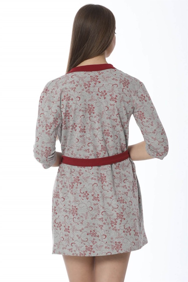 Moda Çizgi Bayan Gri Bordo Gecelik Sabahlık Takım 1104