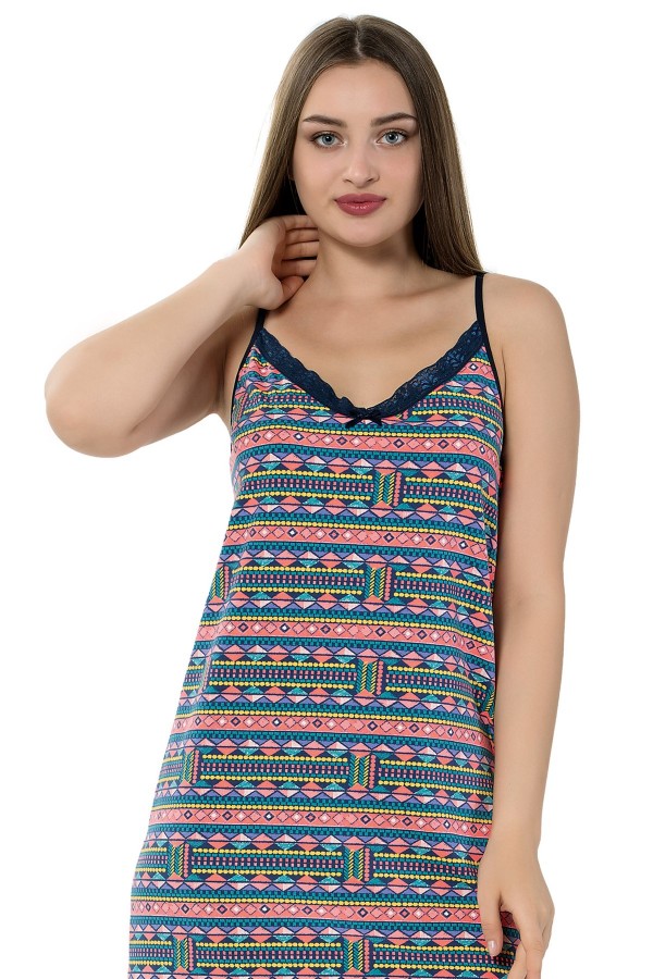 Moda Çizgi Bayan İp Askılı Uzun Gecelik 916