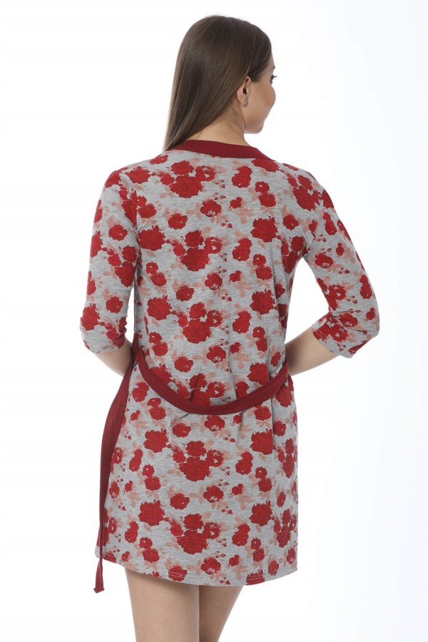 Moda Çizgi Bayan Kırmızı Gül Desenli Gecelik Sabahlık Takım 1103