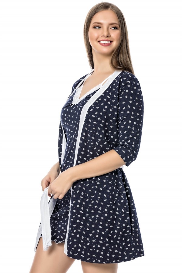 Moda Çizgi Bayan Laciver Beyaz Gecelik Sabahlık Takım 1109A
