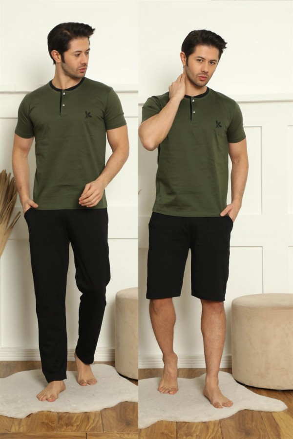 Moda Çizgi Erkek %100 Pamuk Cepli 3'lü Pijama Takımı 6775