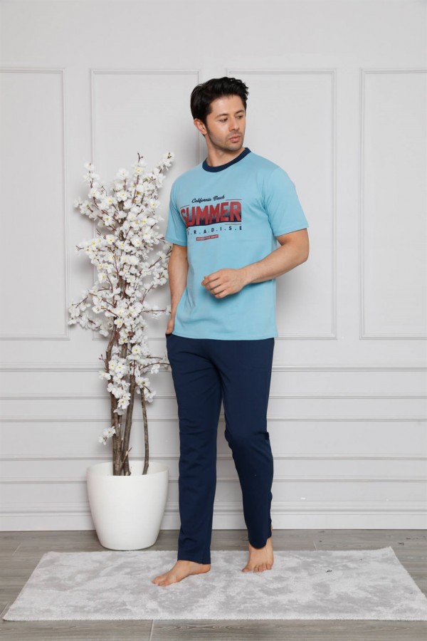 Moda Çizgi Erkek %100 Pamuk Cepli Kısa Kollu Pijama Takımı 6744
