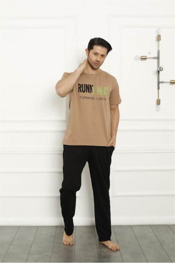 Moda Çizgi Erkek Bej Penye Pijama Takım 20371