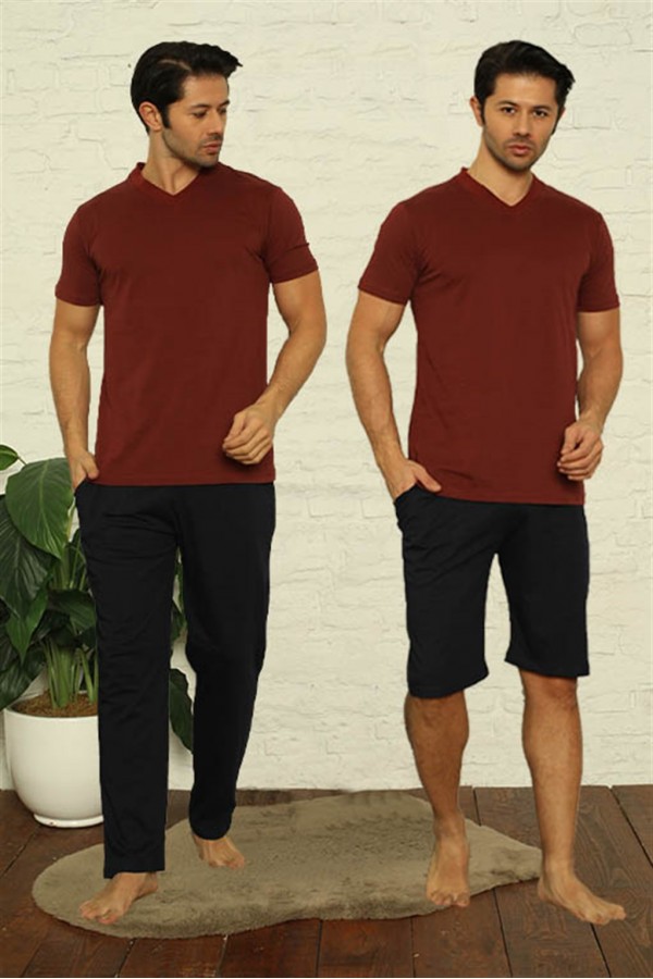 Moda Çizgi Erkek Bordo V Yaka 3'lü Pijama Takım 6822