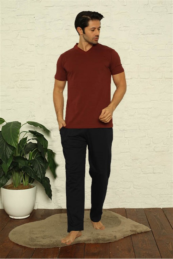 Moda Çizgi Erkek Bordo V Yaka 3'lü Pijama Takım 6822