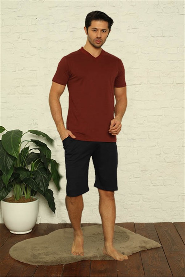 Moda Çizgi Erkek Bordo V Yaka 3'lü Pijama Takım 6822