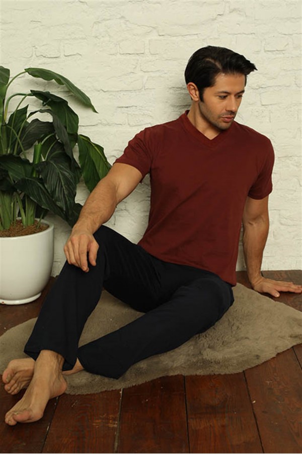 Moda Çizgi Erkek Bordo V Yaka 3'lü Pijama Takım 6822