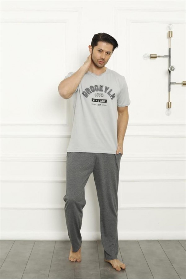Moda Çizgi Erkek Gri Penye Pijama Takım 20371
