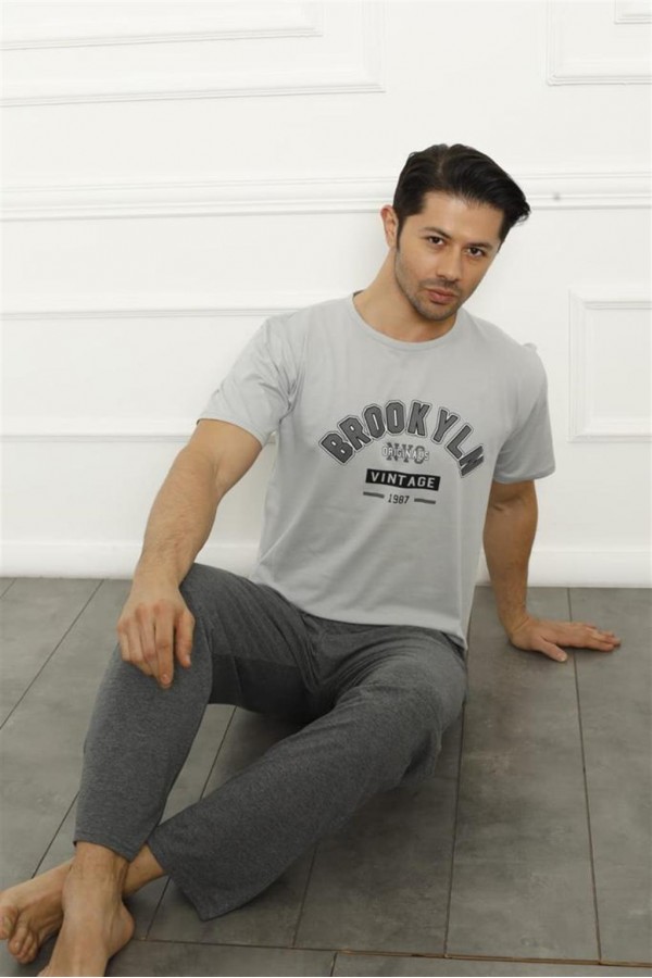 Moda Çizgi Erkek Gri Penye Pijama Takım 20371