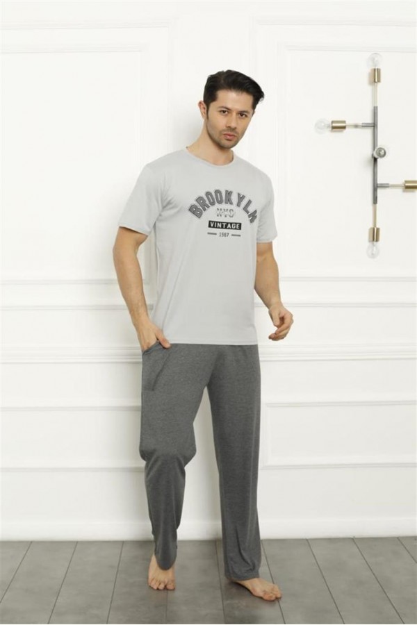 Moda Çizgi Erkek Gri Penye Pijama Takım 20371