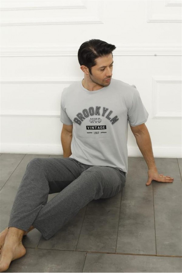 Moda Çizgi Erkek Gri Penye Pijama Takım 20371