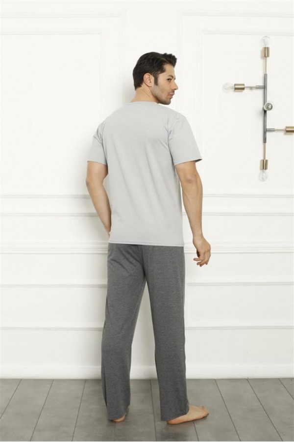 Moda Çizgi Erkek Gri Penye Pijama Takım 20371