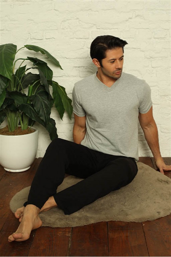 Moda Çizgi Erkek Gri V Yaka 3'lü Pijama Takım 6822
