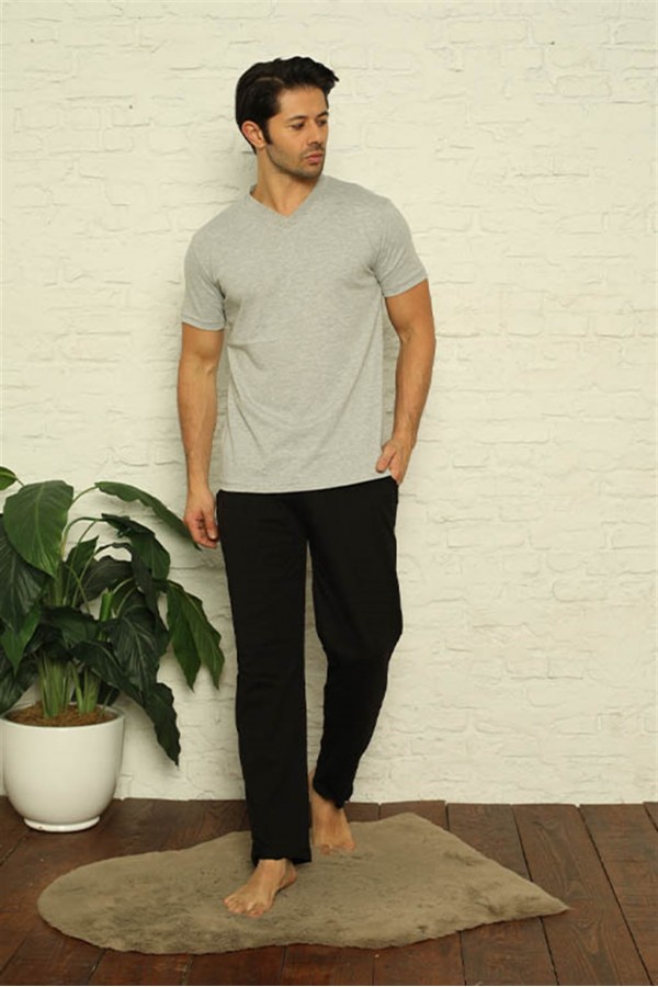 Moda Çizgi Erkek Gri V Yaka 3'lü Pijama Takım 6822
