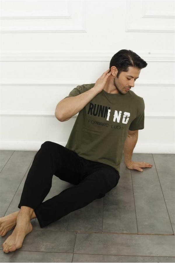 Moda Çizgi Erkek Haki Penye Pijama Takım 20371