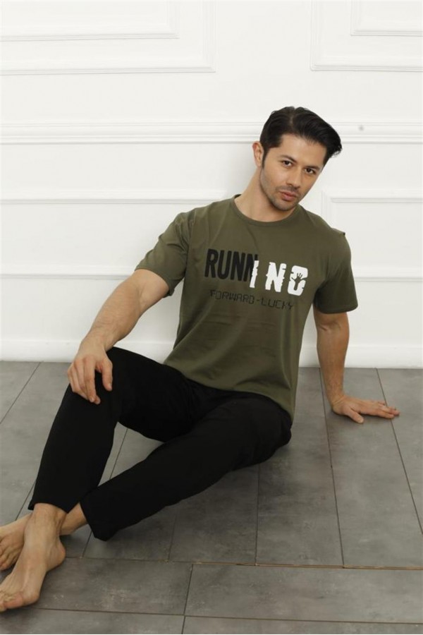 Moda Çizgi Erkek Haki Penye Pijama Takım 20371