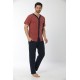 Moda Çizgi Erkek Kiremit Renk Önden Düğmeli Pijama Takım 6537