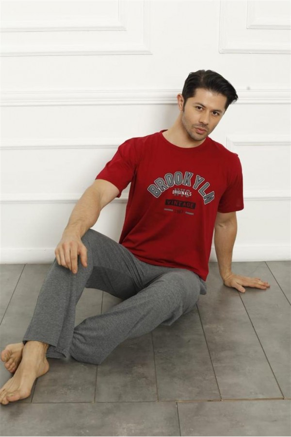 Moda Çizgi Erkek Kırmızı Penye Pijama Takım 20371