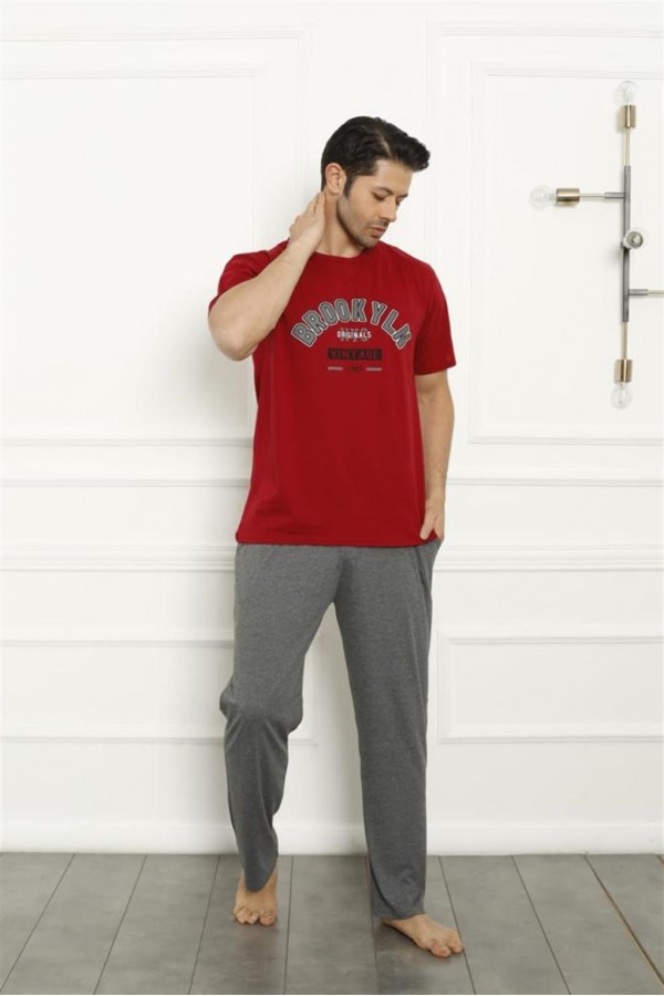Moda Çizgi Erkek Kırmızı Penye Pijama Takım 20371