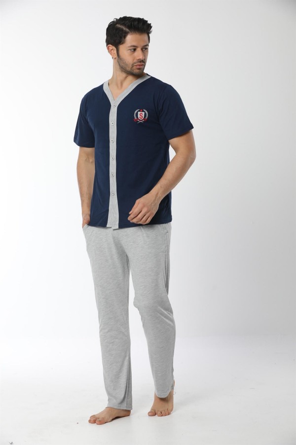 Moda Çizgi Erkek Lacivert Önden Düğmeli Pijama Takım 6536