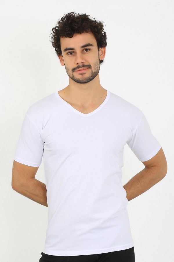 moda çizgi Erkek Likralı V Yaka Beyaz T-Shirt 65700