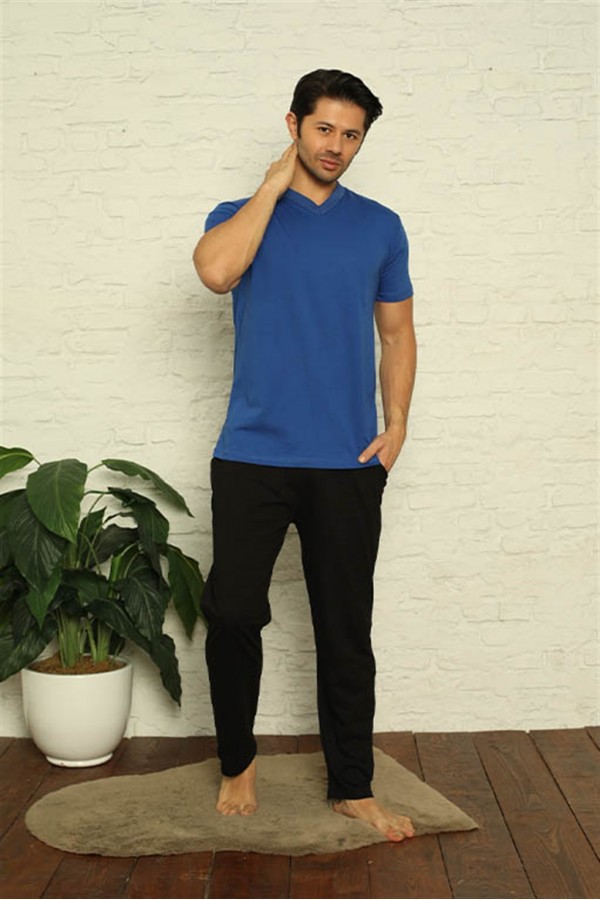Moda Çizgi Erkek Sax V Yaka 3'lü Pijama Takım 6822