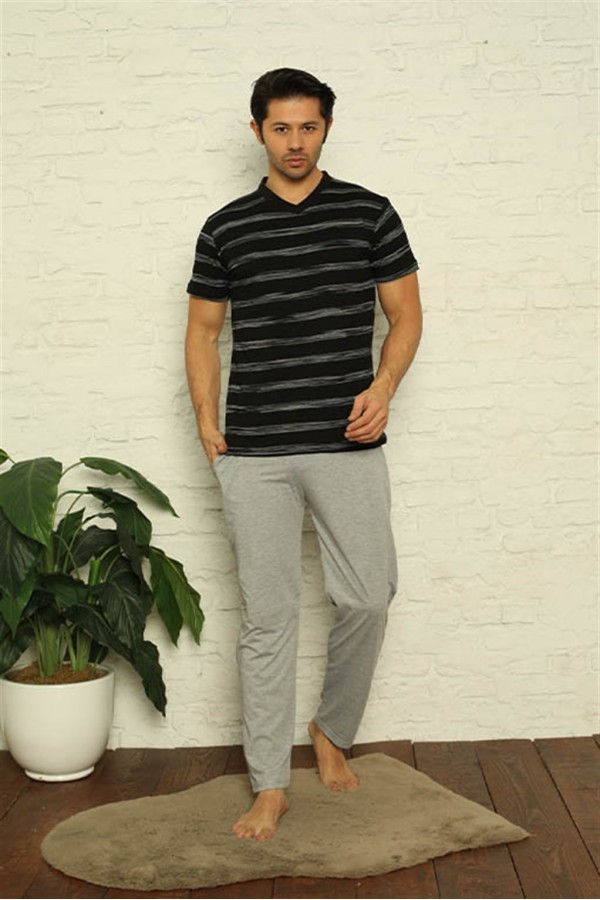 Moda Çizgi Erkek Siyah V Yaka 3'lü Pijama Takım 6822