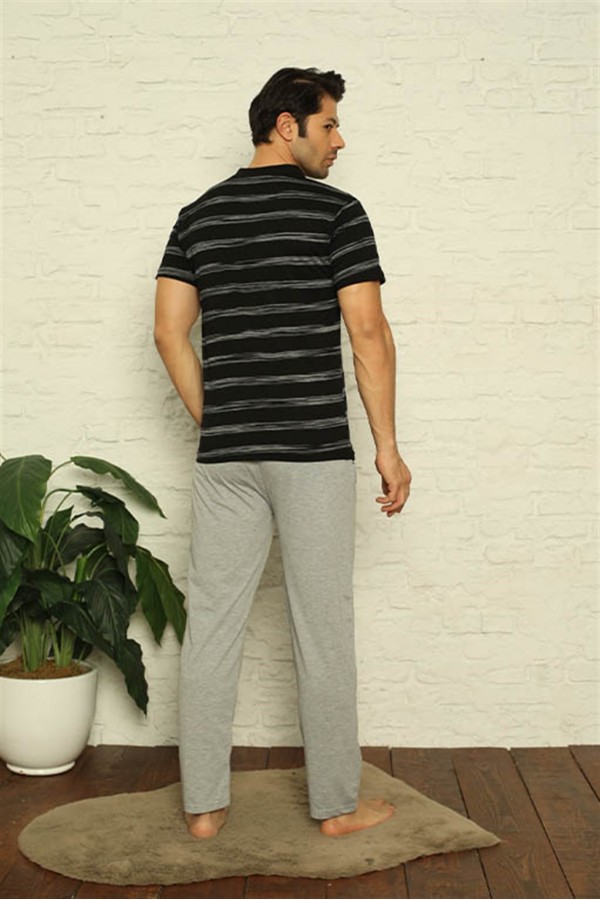 Moda Çizgi Erkek Siyah V Yaka 3'lü Pijama Takım 6822