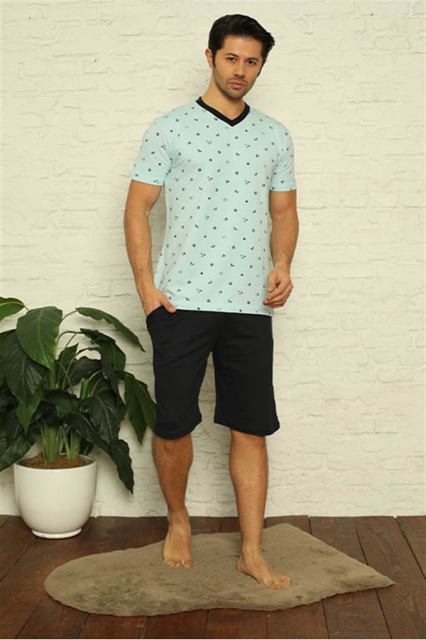 Moda Çizgi Erkek Su Yeşili V Yaka 3'lü Pijama Takım 6822