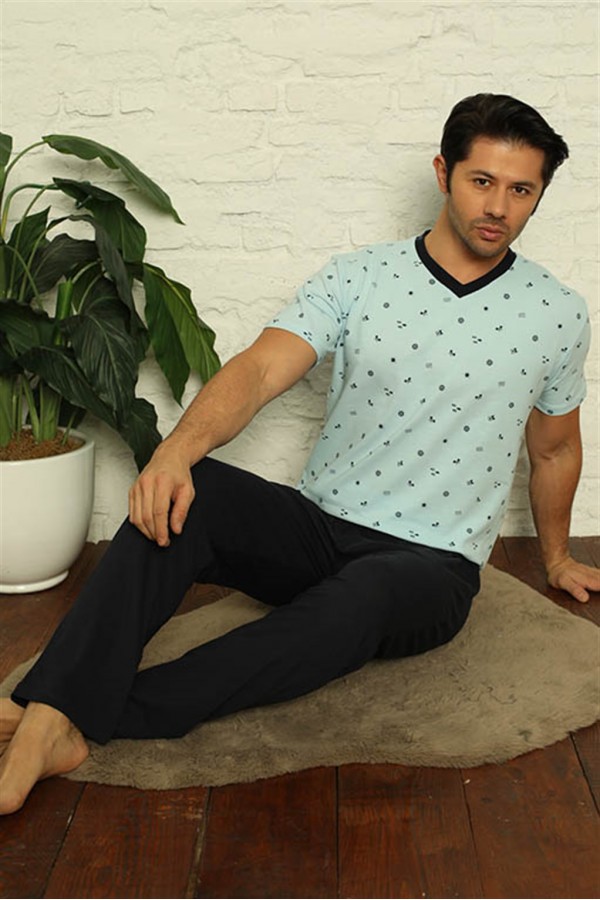 Moda Çizgi Erkek Su Yeşili V Yaka 3'lü Pijama Takım 6822