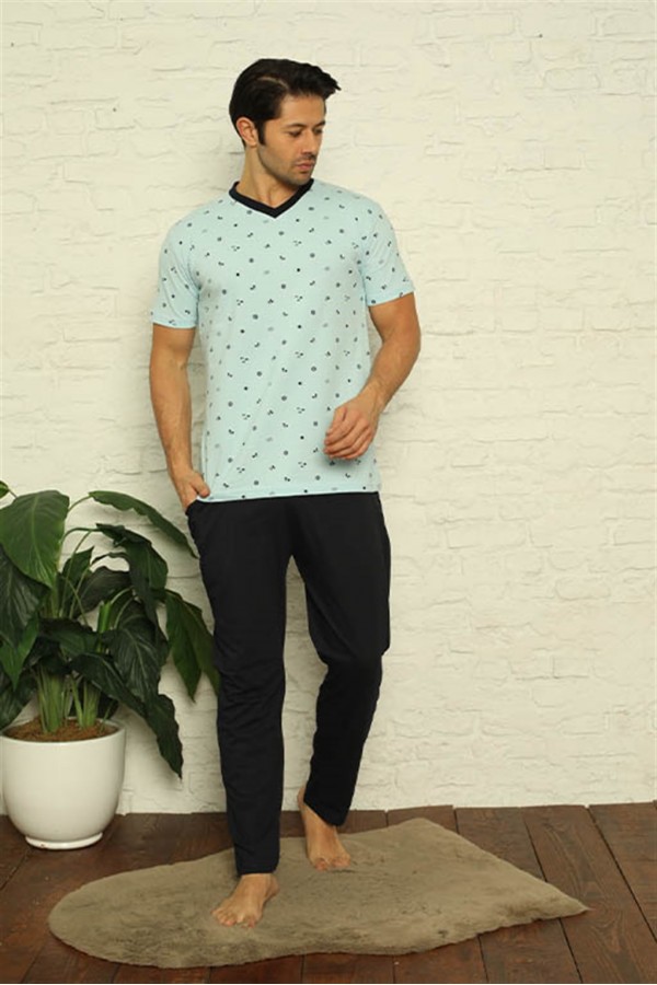 Moda Çizgi Erkek Su Yeşili V Yaka 3'lü Pijama Takım 6822