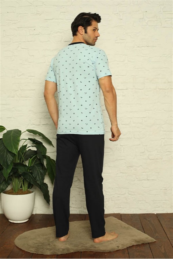 Moda Çizgi Erkek Su Yeşili V Yaka 3'lü Pijama Takım 6822