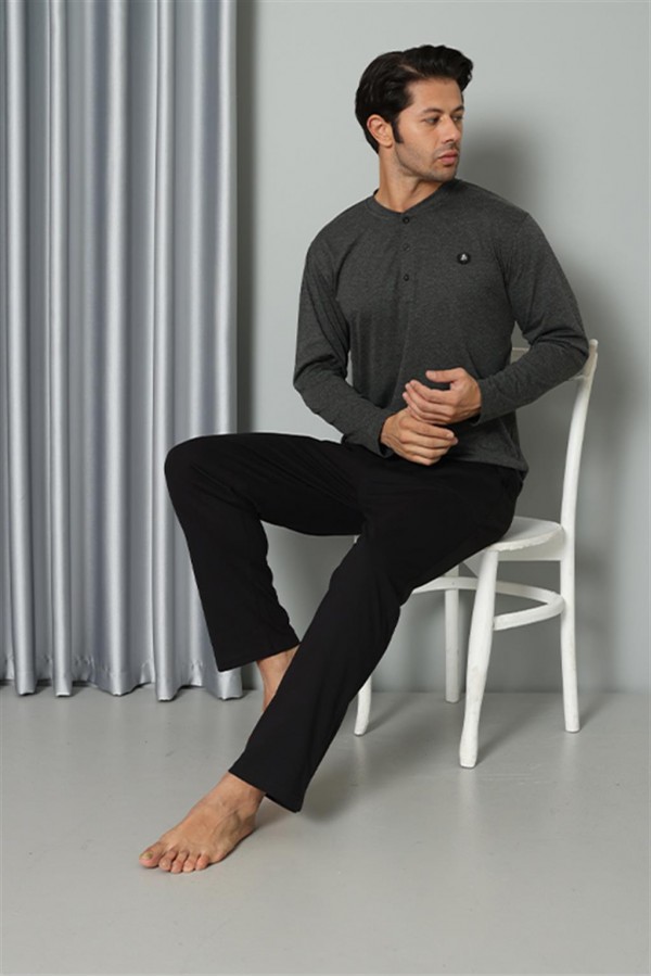 Moda Çizgi Erkek Uzun Kol Penye Antrasit Pijama Takım 6841