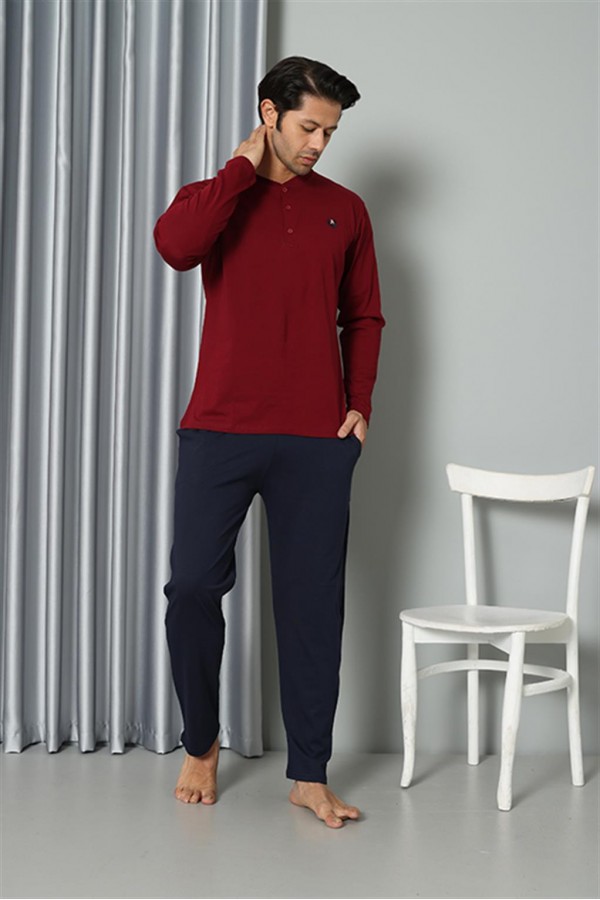 Moda Çizgi Erkek Uzun Kol Penye Bordo Pijama Takım 6841