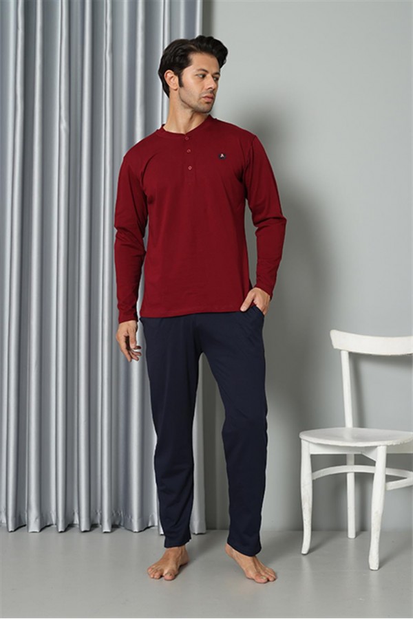 Moda Çizgi Erkek Uzun Kol Penye Bordo Pijama Takım 6841