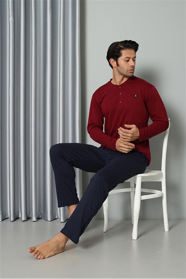 Moda Çizgi Erkek Uzun Kol Penye Bordo Pijama Takım 6841