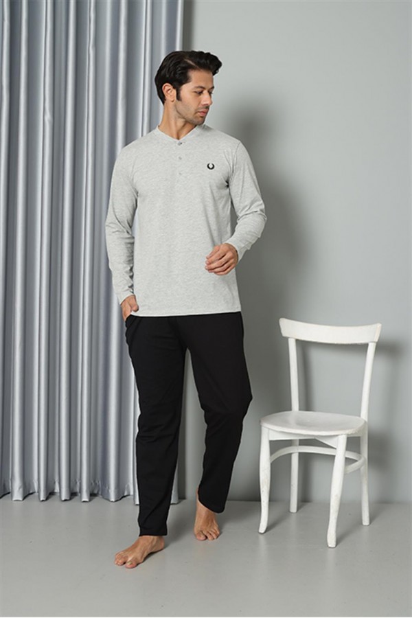 Moda Çizgi Erkek Uzun Kol Penye Gri Pijama Takım 6841