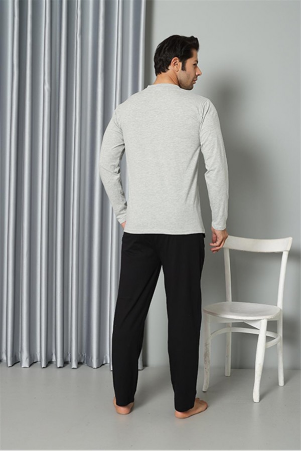 Moda Çizgi Erkek Uzun Kol Penye Gri Pijama Takım 6841