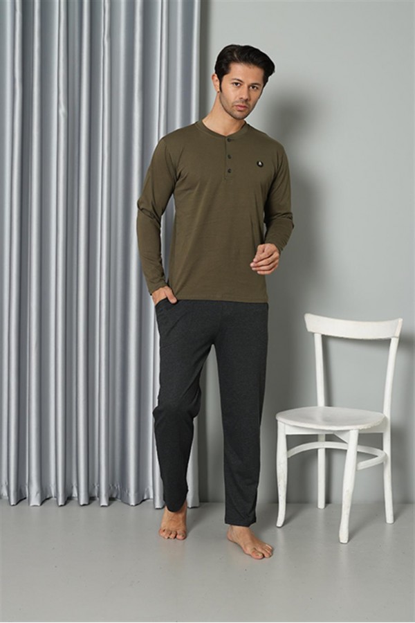 Moda Çizgi Erkek Uzun Kol Penye Haki Pijama Takım 6841