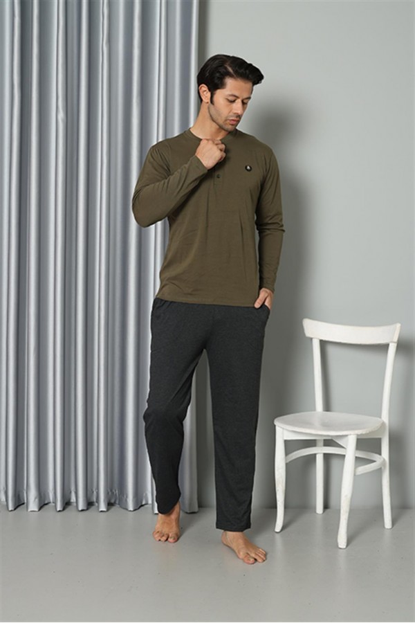 Moda Çizgi Erkek Uzun Kol Penye Haki Pijama Takım 6841