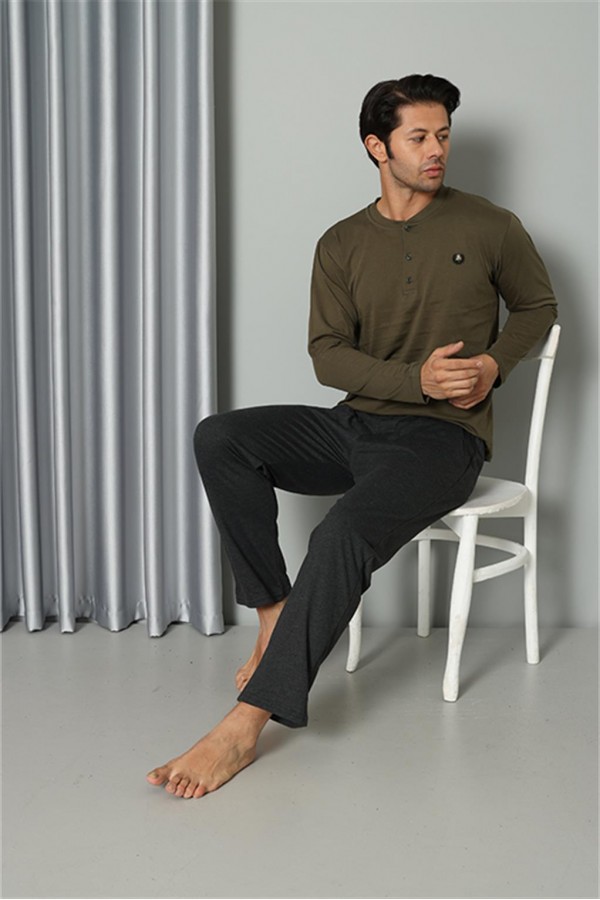 Moda Çizgi Erkek Uzun Kol Penye Haki Pijama Takım 6841