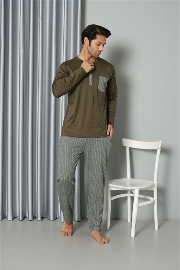 Moda Çizgi Erkek Uzun Kol Penye Haki Pijama Takım 6842