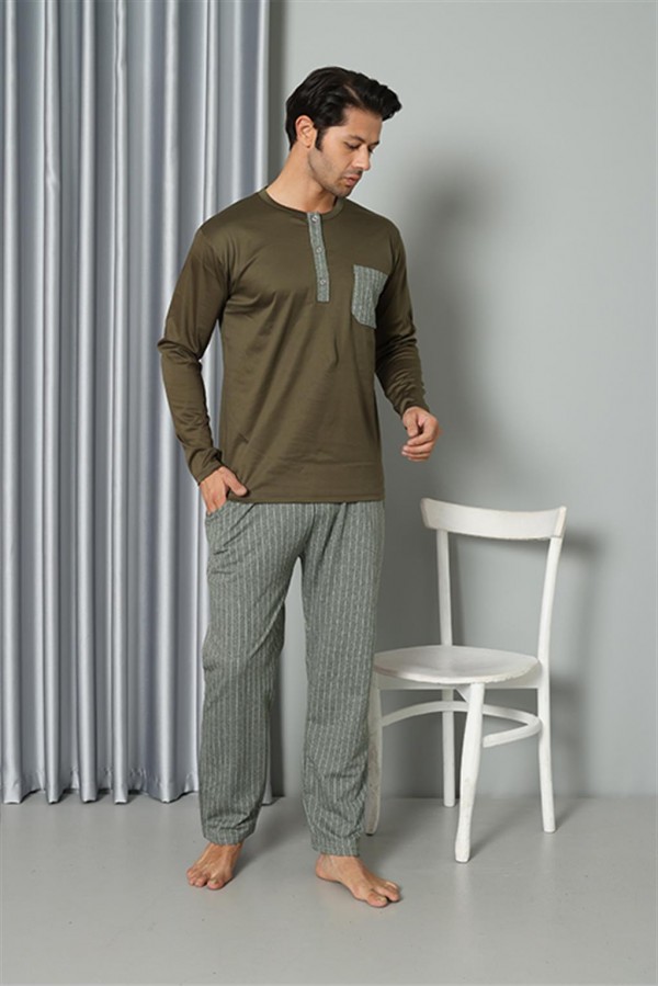 Moda Çizgi Erkek Uzun Kol Penye Haki Pijama Takım 6842